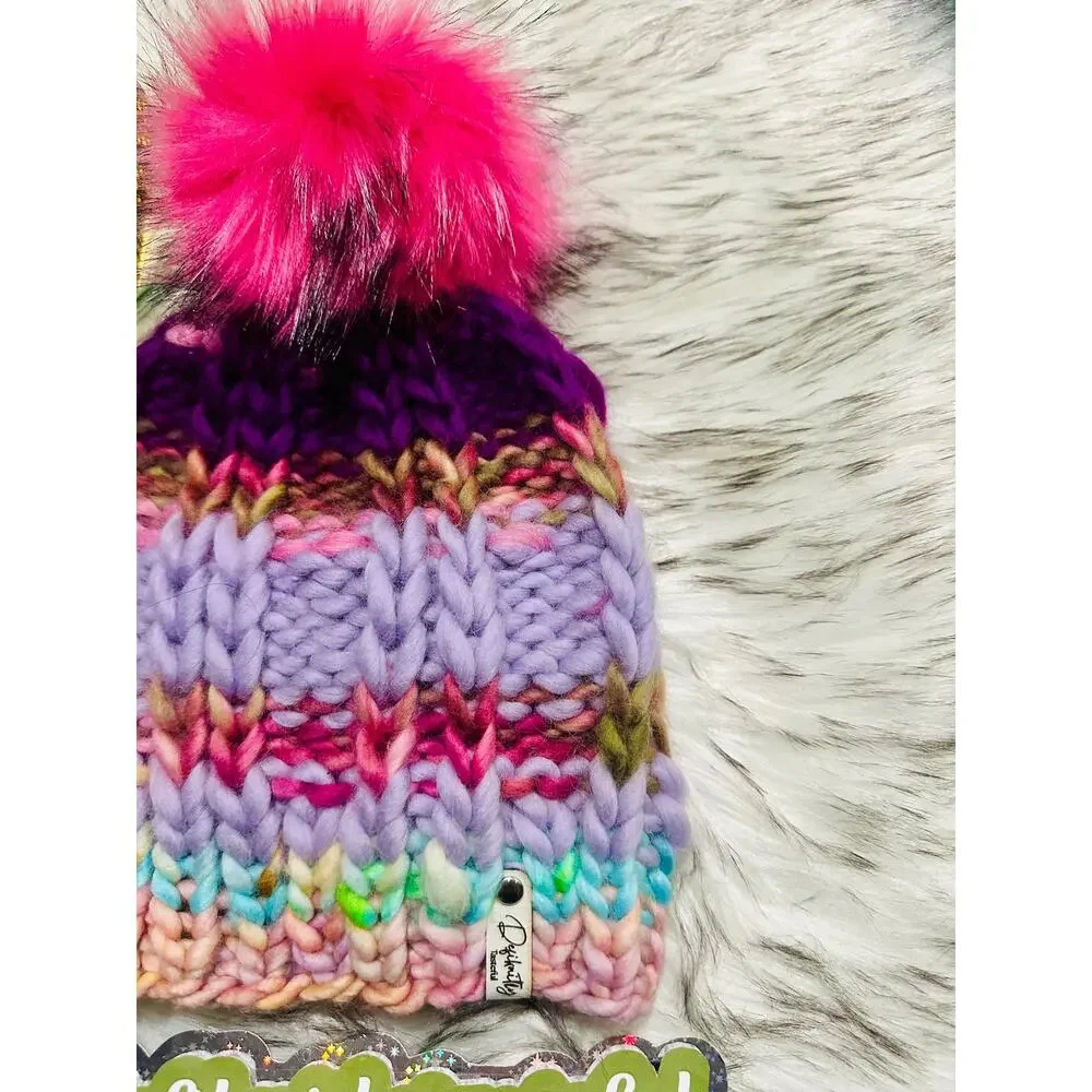 Handmade Neon Merino Wool Beanie: Colorful Winter Hat with Faux Fur Pom